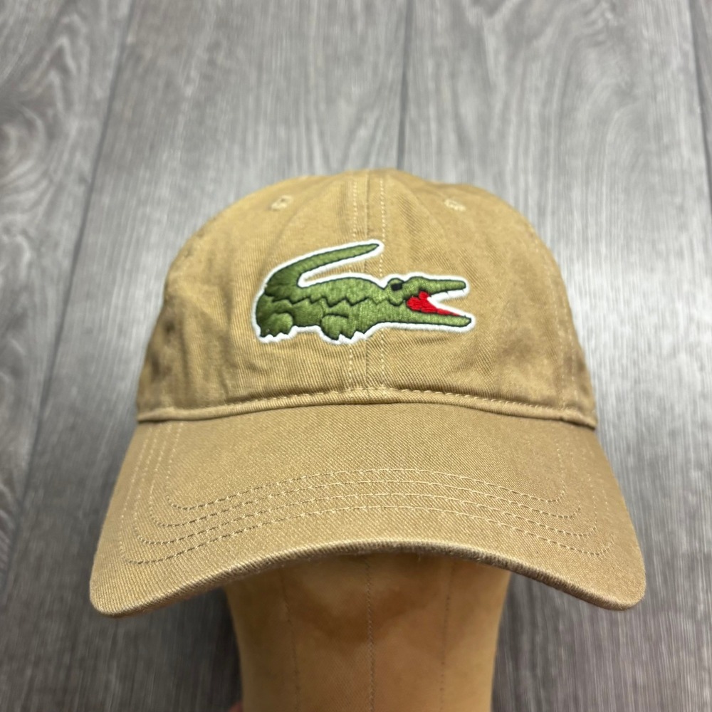 Lacoste Mens Khaki Tan Cotton Twill Big Croc Logo Adjustable Baseball Hat Cap